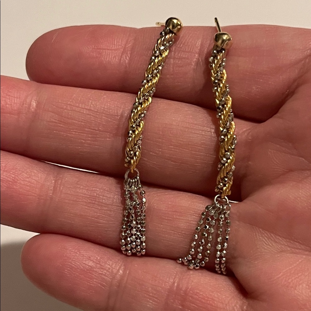 14K Yellow Gold + White Gold Twisted Rope Tassel Earrings, solid gold - Picture 3 of 17